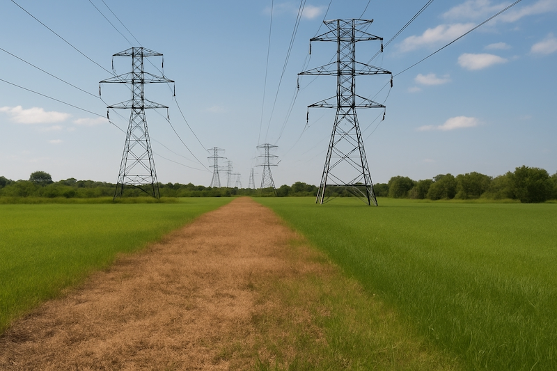 Dead to green grass transition under powerlines