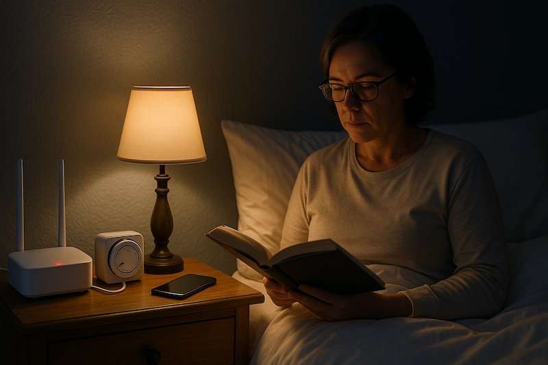 Night scene of unplugged WiFi and calm bedroom environment.