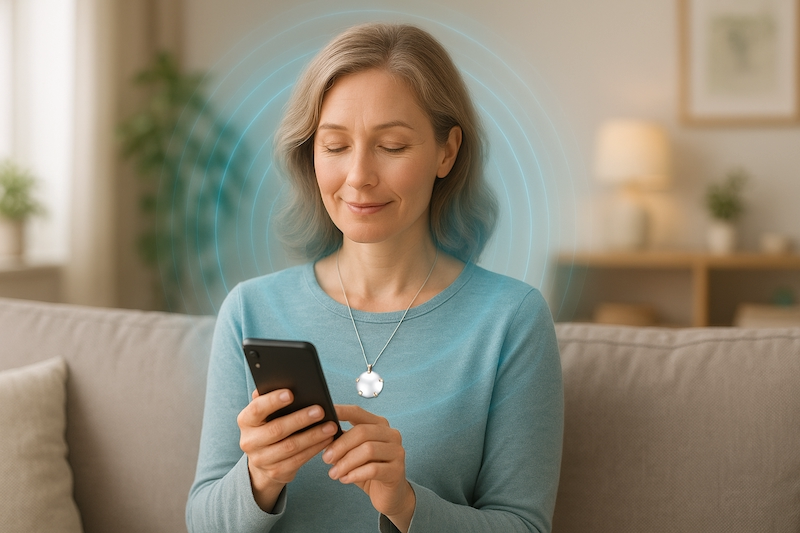 Person using smartphone with EMF protection pendant glowing