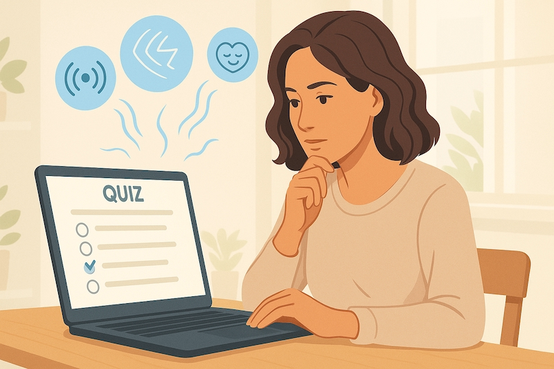Person taking EMF quiz on laptop with floating energy icons