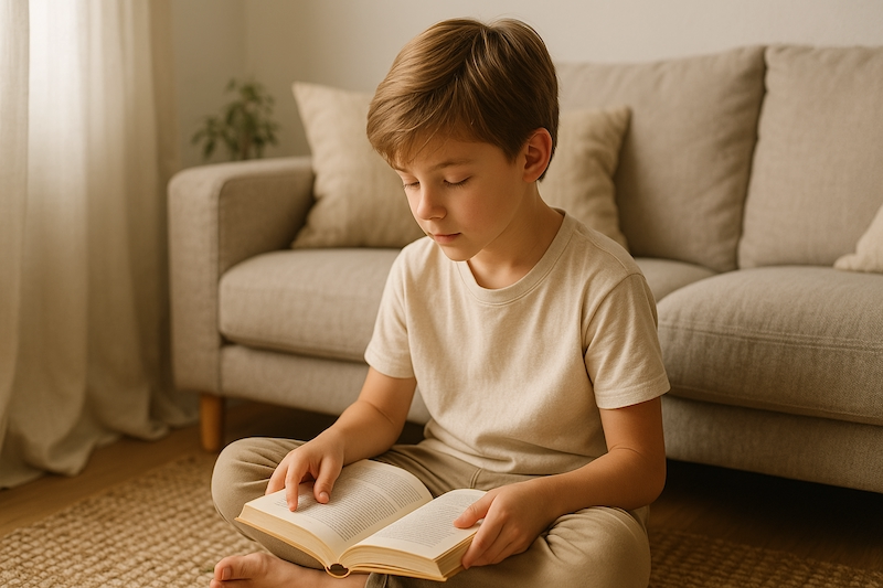 Calm young boy reading on the floor away from electronics