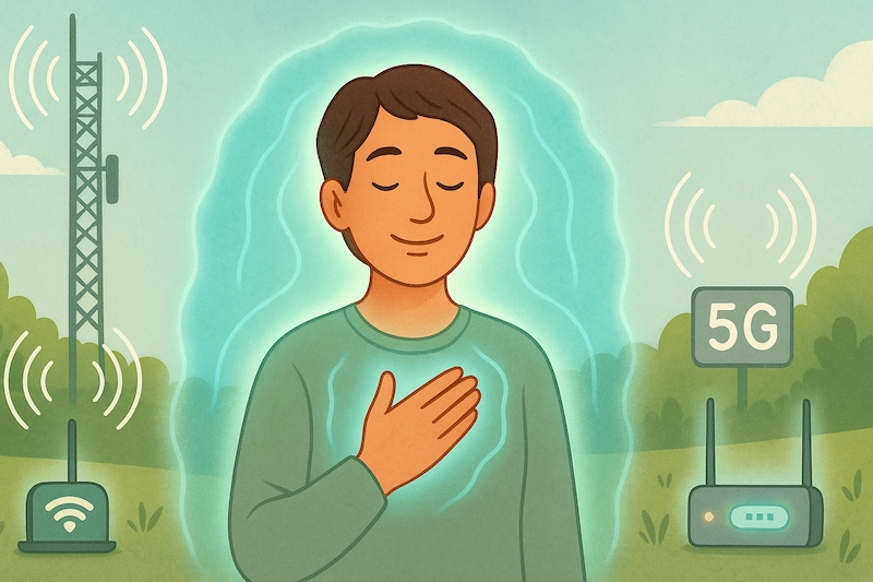 Person surrounded by EMF devices with protective aura