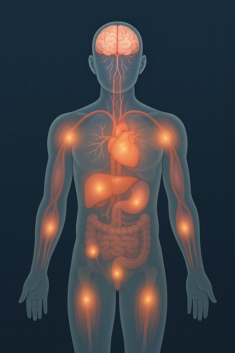 Body heatmap illustration showing EMF symptom zones