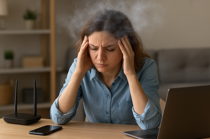 Person experiencing digital fatigue surrounded by WiFi devices