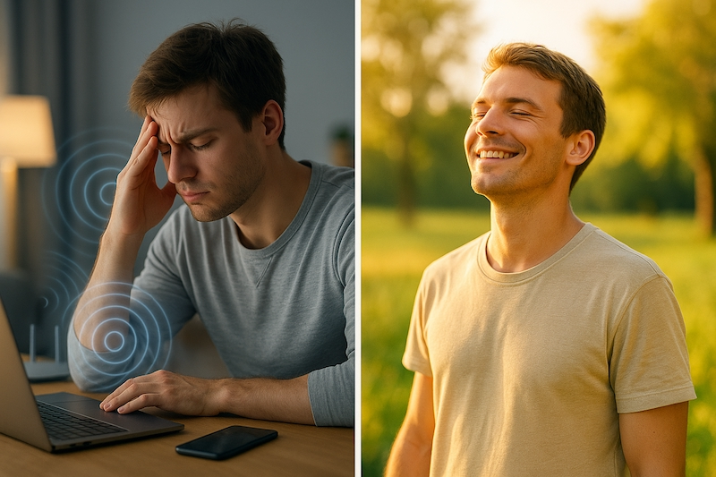 Split image showing EMF symptoms versus nature-based recovery