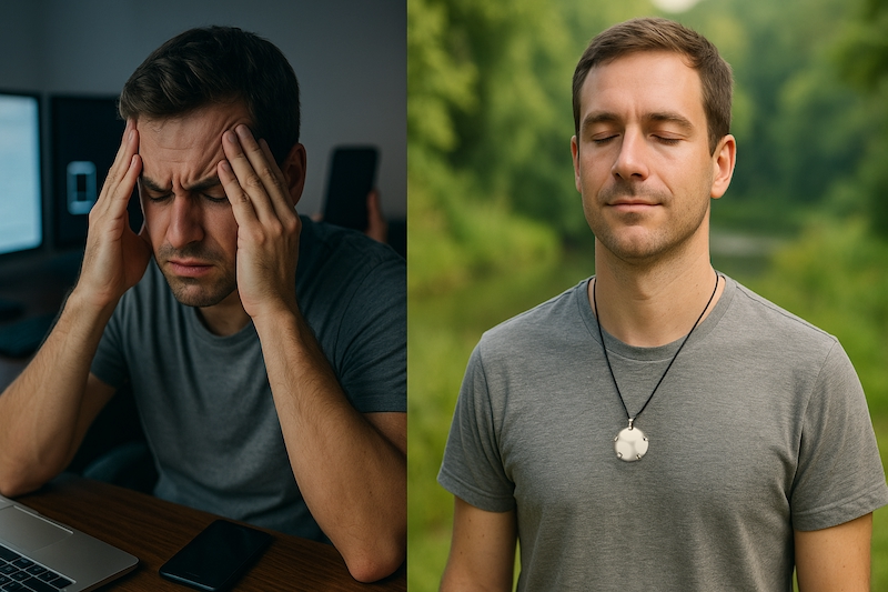 Overwhelmed adult in tech environment vs calm with BioElectric Shield