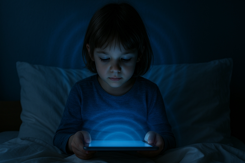 Child with tablet showing EMF glow