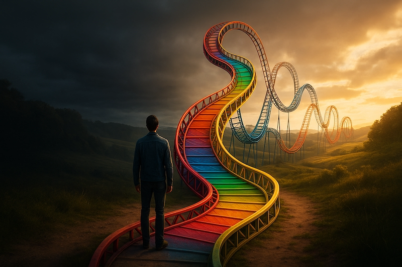 Person standing at the start of an emotional rollercoaster path
