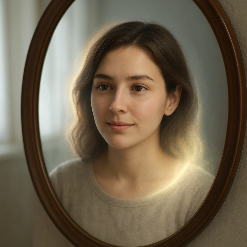 Calm woman looking at herself in the mirror, symbolizing empath self-awareness