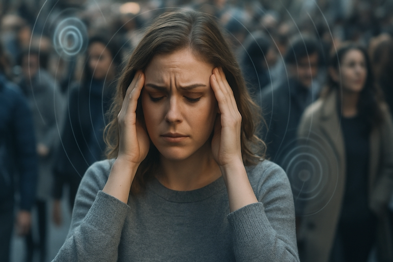 Sensitive woman overwhelmed in public space