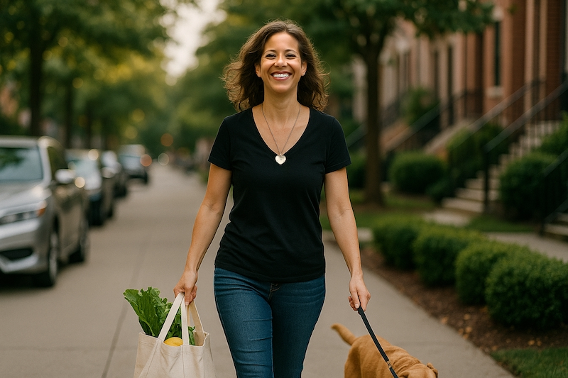 Energized woman after work walking outdoors