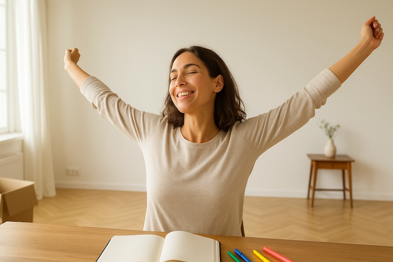 Woman stretching joyfully in a clean, decluttered space