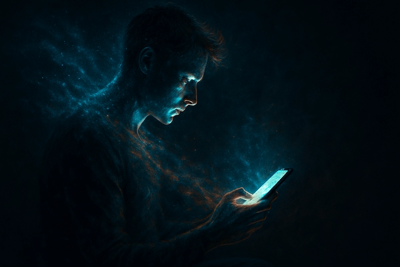Person’s energy seemingly being pulled into a glowing screen