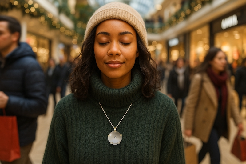 Calm person wearing BioElectric Shield pendant in a crowd