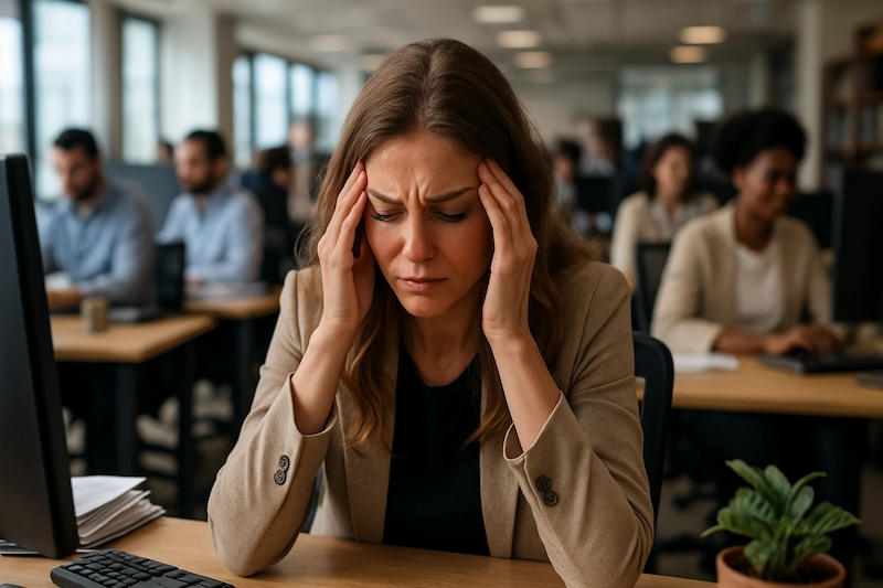 Woman overwhelmed at her desk, symbolizing energy sensitivity