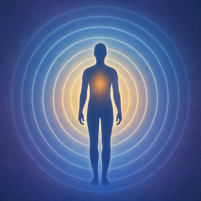 Human silhouette surrounded by colorful energy rings