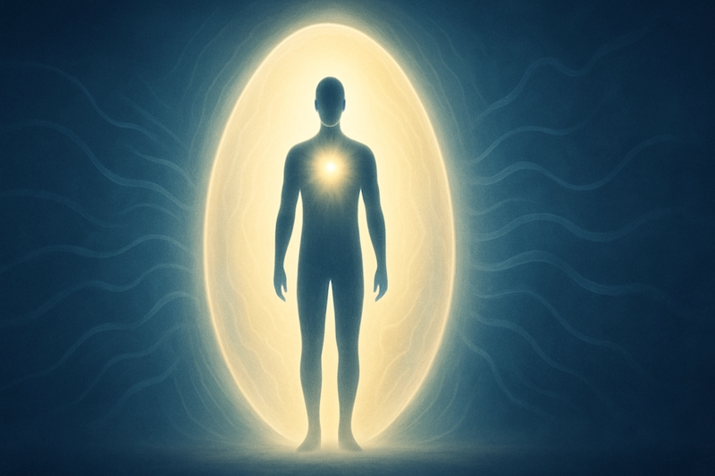 Person inside a glowing protective energy cocoon