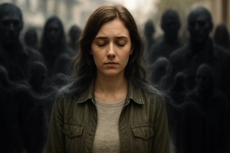 Woman being drained by shadowy figures in a crowd, symbolizing energy vampires