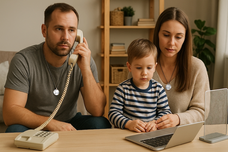Family using EMF-safe practices like landlines and personal EMF protection.