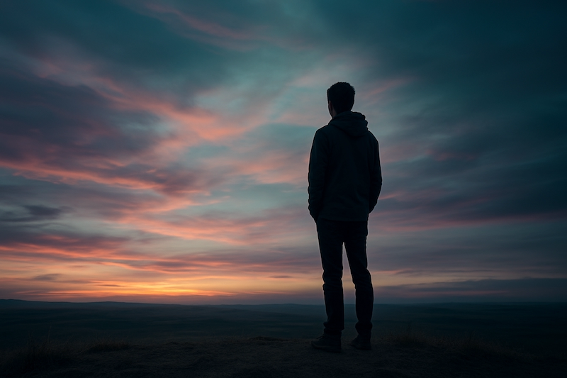 A contemplative figure alone, feeling disconnected from Earth.