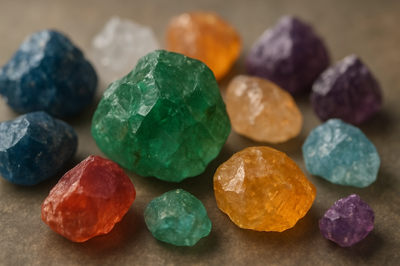 Close-up of colorful gemstones in a geometric pattern
