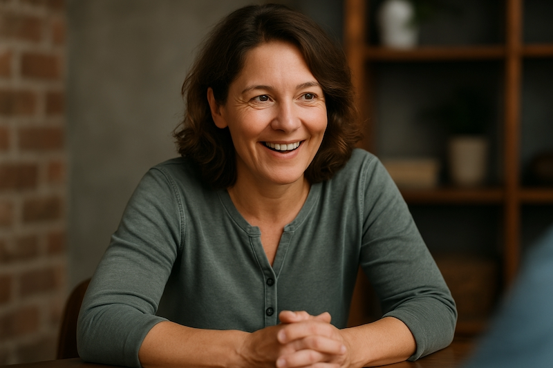 Friendly, sincere person conveying trust in conversation