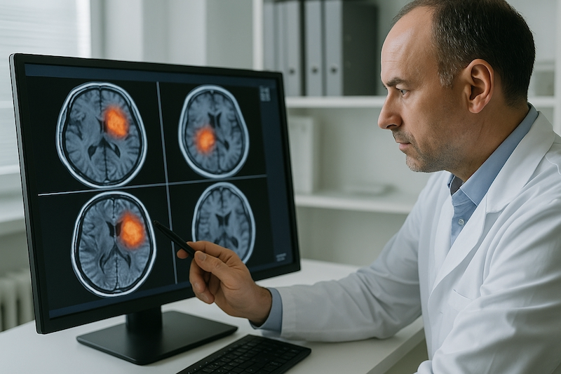 Radiologist examining brain scan showing tumor areas