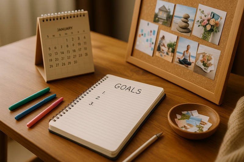 Cozy scene with calendar, vision board, and goal planning