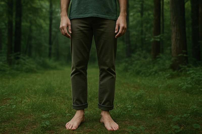 Barefoot figure grounded in nature, symbolizing calm and balance.