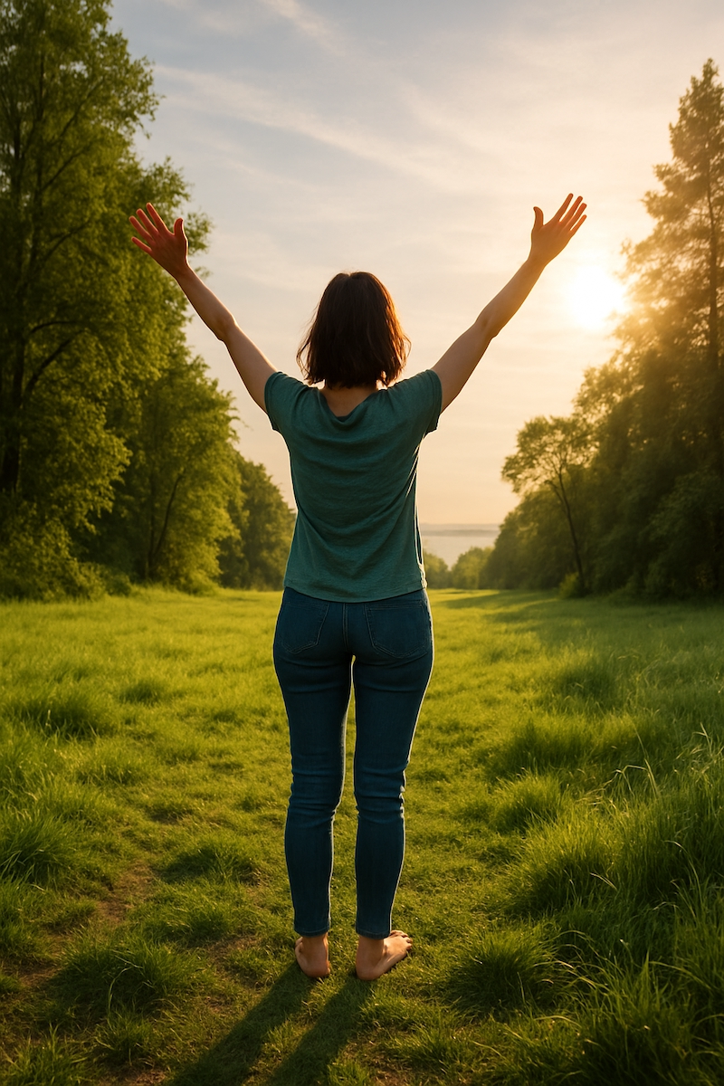 Barefoot person grounding in nature to release EMF