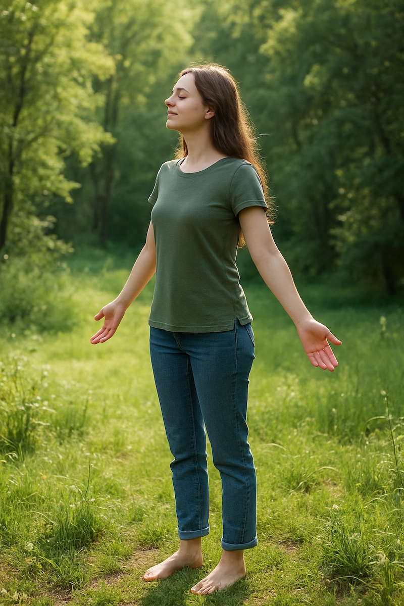 Woman grounded and peaceful in nature, symbolizing being present in your body