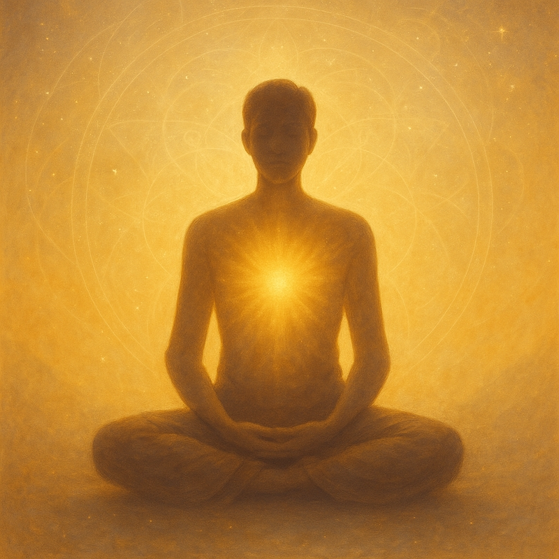 Meditating person surrounded by light and geometry, shield at heart