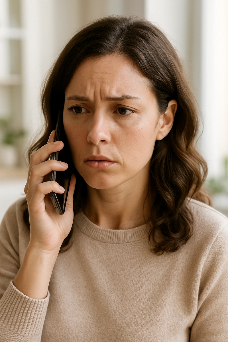 Woman holding smartphone to her ear looking concerned
