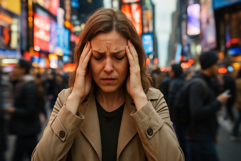 Overwhelmed woman in a tech-heavy urban environment