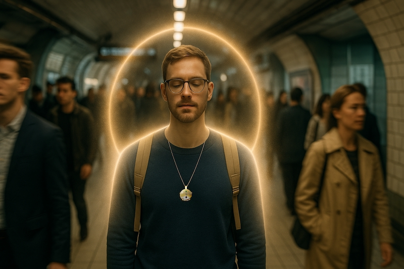 Person in a crowd surrounded by a protective energetic glow