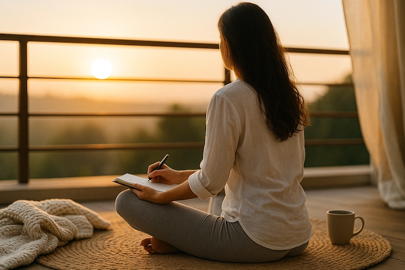Peaceful person practicing self-care at sunrise