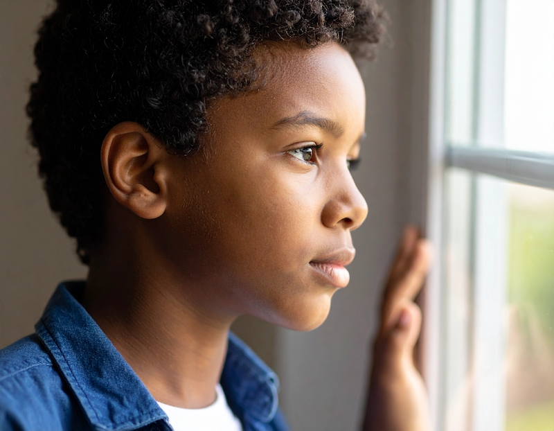 A concerned young child looking introspective near a window