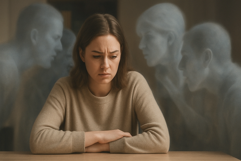 Person overwhelmed by the influence of others’ voices
