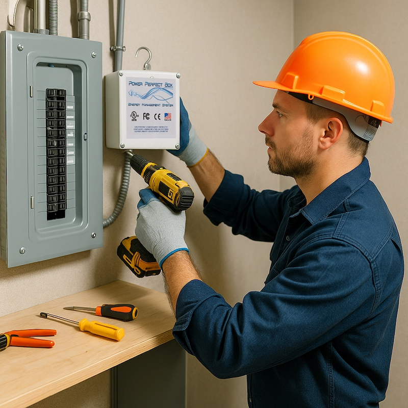 Electrician installing Power Perfect Box filter in a residential panel