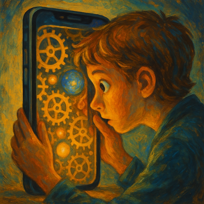 Person peeking into a smartphone filled with gears and light