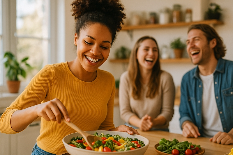 Woman cooking healthy food with friends in kitchen