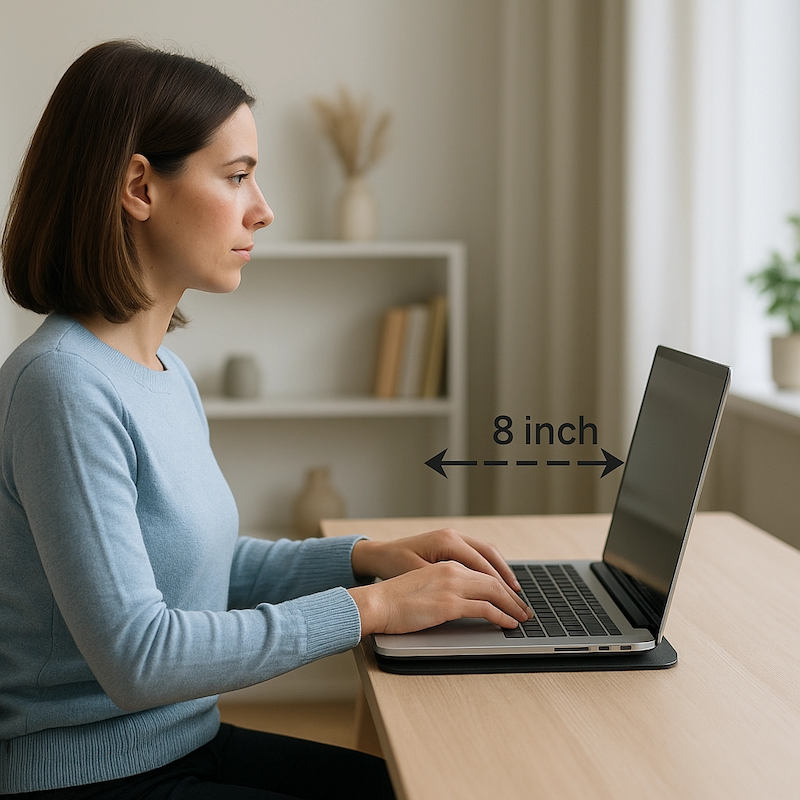 Person at desk using laptop with safe distance