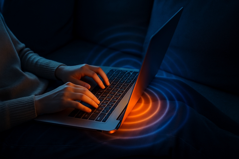 Person using a laptop on their lap with radiation overlay