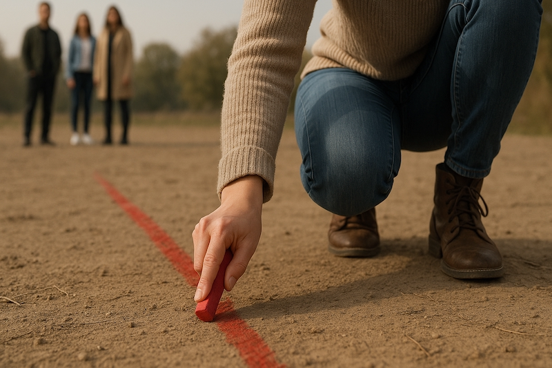 Person drawing a boundary line, visual metaphor for saying no