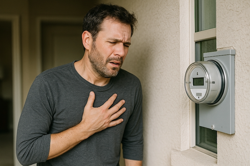Man reacting to smart meter installation with discomfort