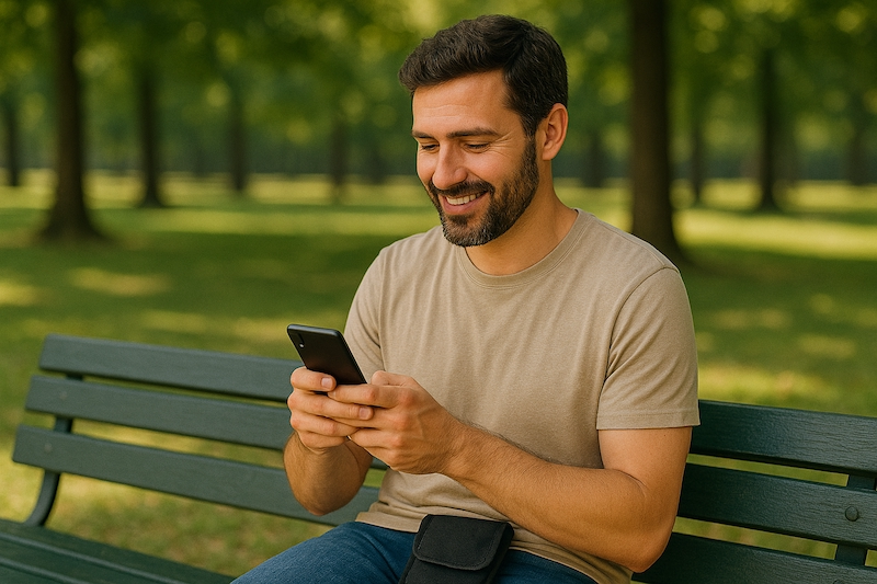 Man placing phone back in EMF-protection pouch in park