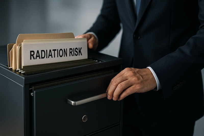 Businessperson closing a drawer of hidden documents labeled Radiation Risk