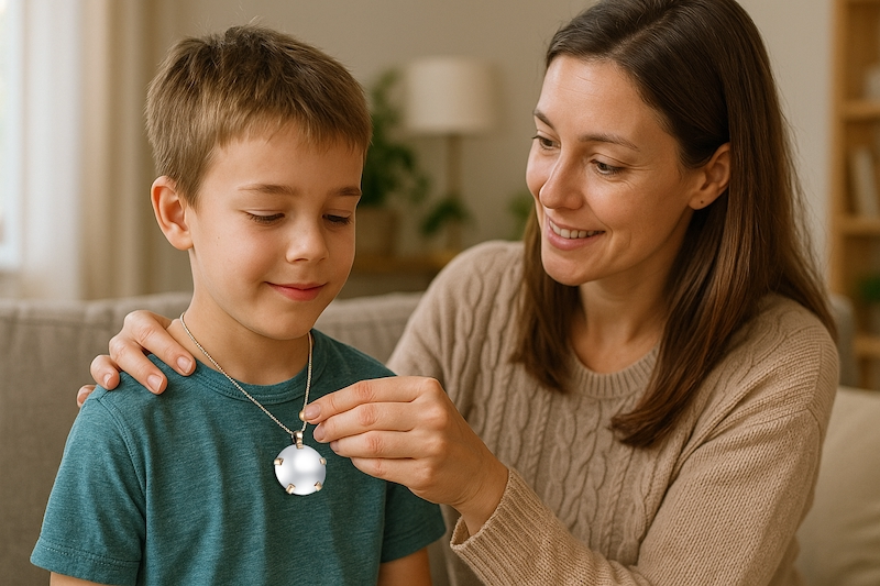 Mother placing BioElectric Shield around son’s neck