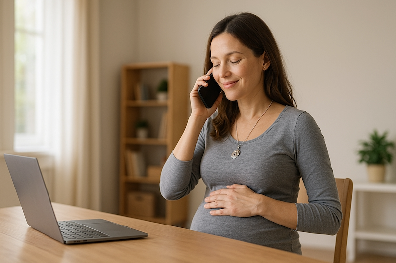 Pregnant woman keeping distance from laptop