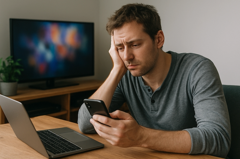 Overwhelmed person multitasking with screens